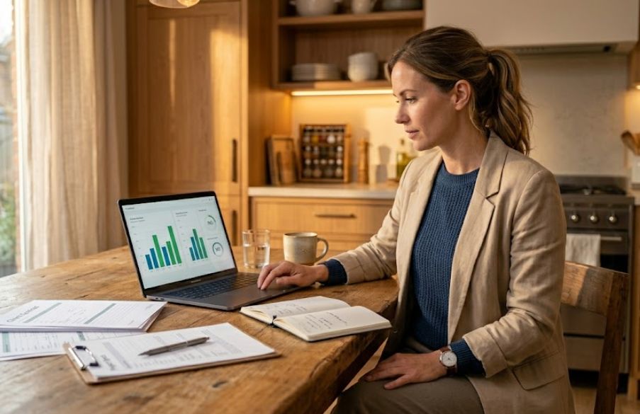 Independent contractor reviewing business loan options at a home workspace