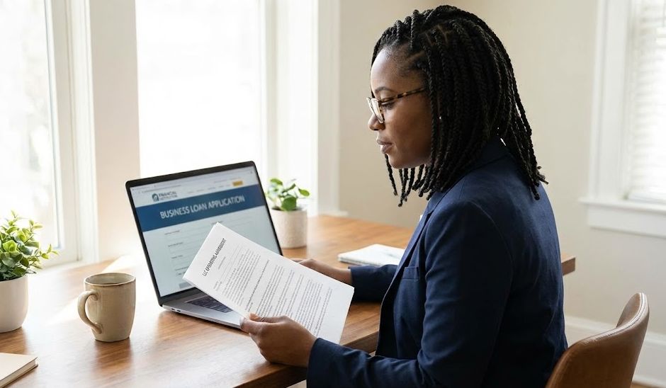 Small business owner reviewing LLC loan application documents on a laptop