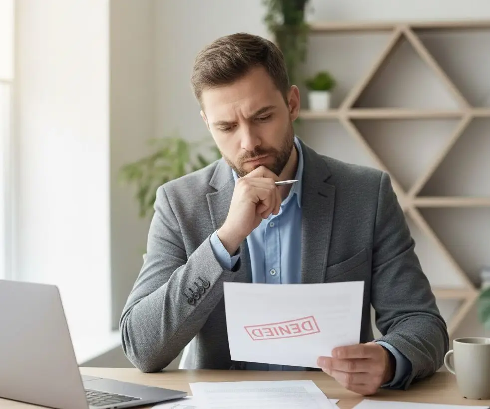 Why Business Loans Get Denied (And How to Fix It) Business owner reviewing denied loan application to understand reasons