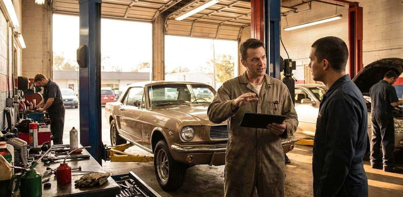 Auto repair shop owner reviewing a work order in a garage with a car on a hydraulic lift