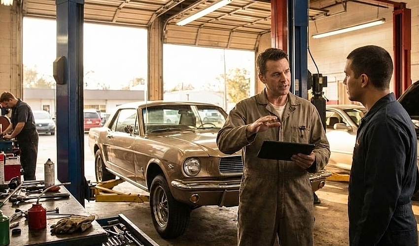 Auto repair shop owner reviewing a work order in a garage with a car on a hydraulic lift