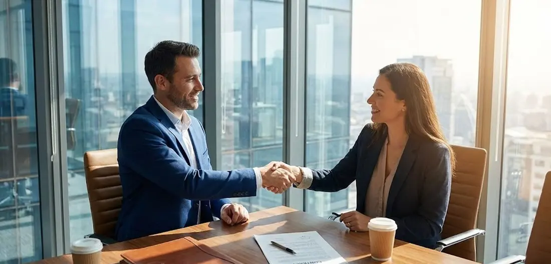 Two business professionals shaking hands over acquisition documents at a conference table