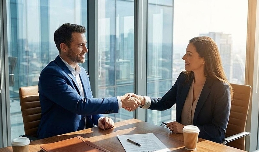 Two business professionals shaking hands over acquisition documents at a conference table