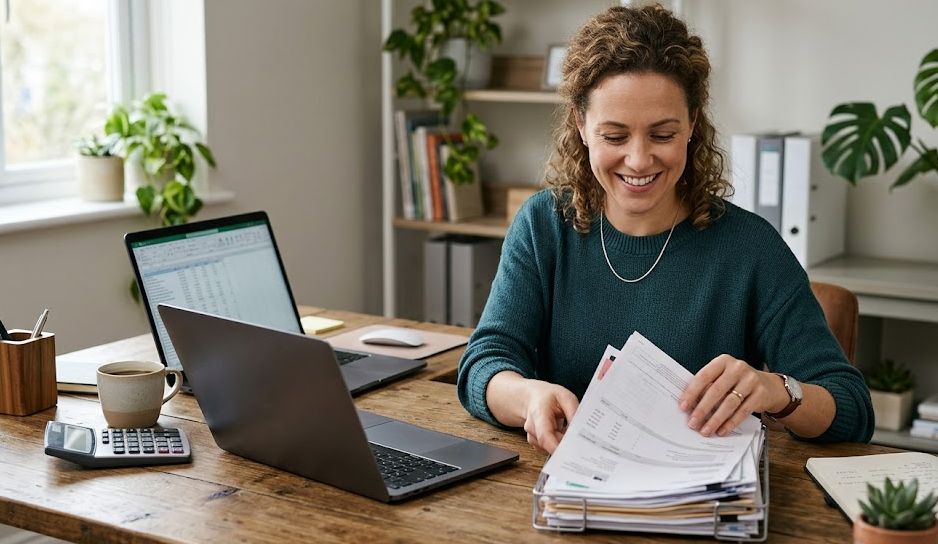 Small business owner combining multiple bills into one payment, representing business debt consolidation loans