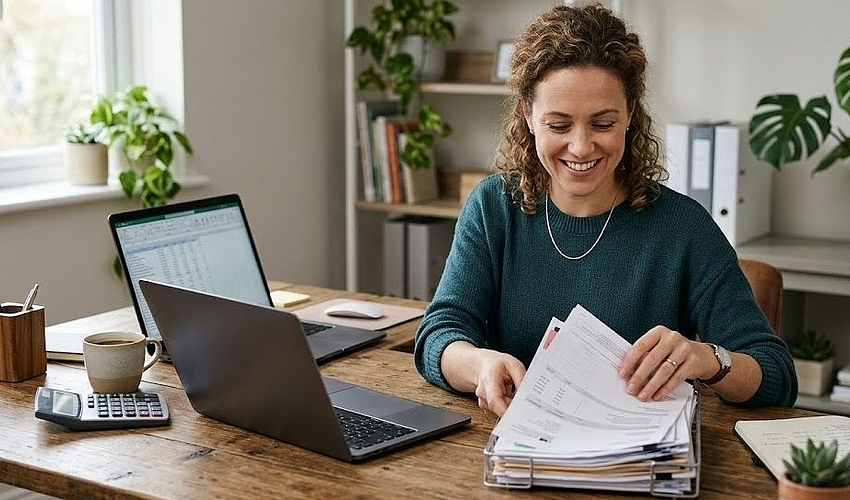 Small business owner combining multiple bills into one payment, representing business debt consolidation loans