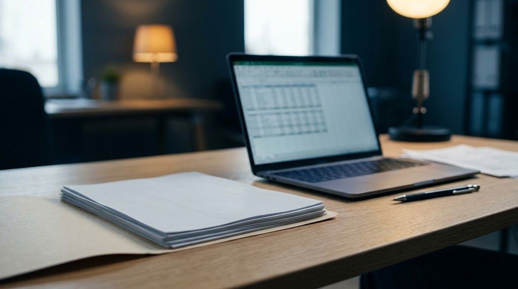Loan statements and a laptop spreadsheet used to prepare a business debt schedule