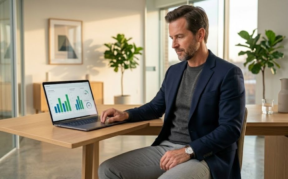 Small business owner reviewing business line of credit options on a laptop