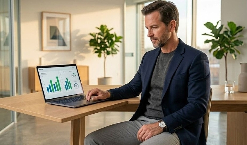 Small business owner reviewing business line of credit options on a laptop