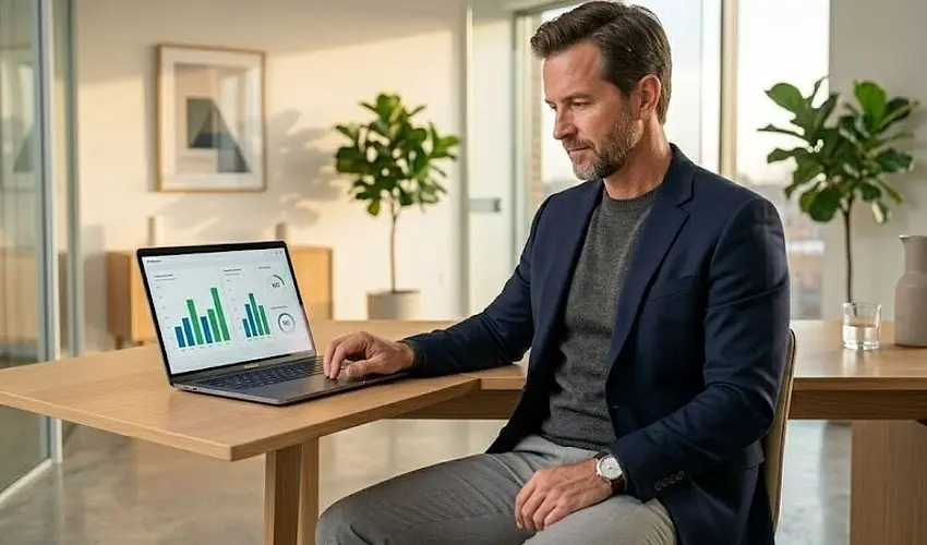Small business owner reviewing business line of credit options on a laptop