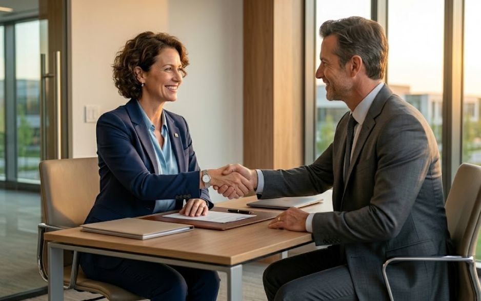 Business owner shaking hands with a lender after discussing financing options post-bankruptcy