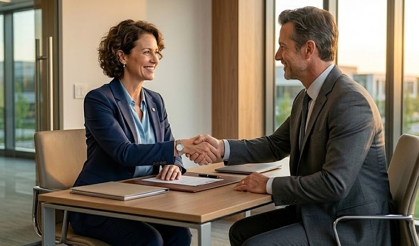Business owner shaking hands with a lender after discussing financing options post-bankruptcy
