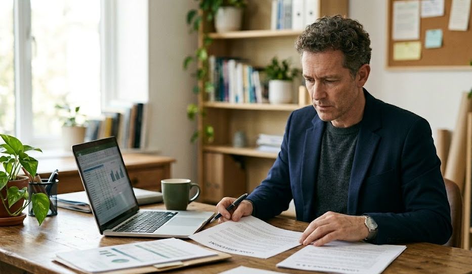Do You Need a Down Payment for a Business Loan? Business owner reviewing loan paperwork at a desk while considering a business loan down payment