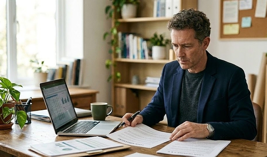 Business owner reviewing loan paperwork at a desk while considering a business loan down payment