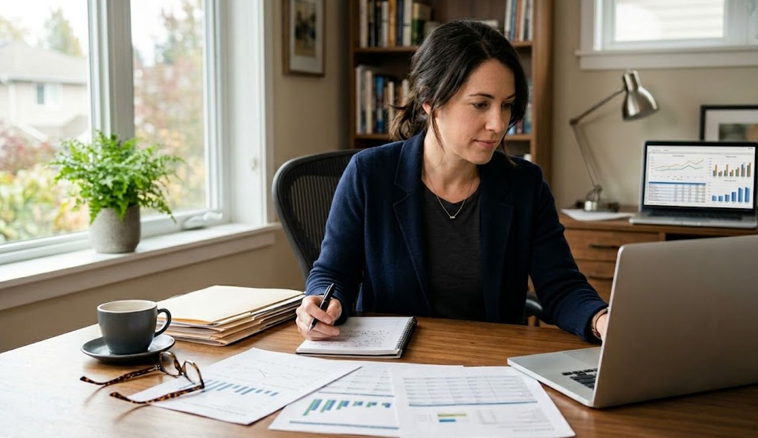 Small business owner sitting at a home office desk reviewing financial documents and a laptop screen showing financial data