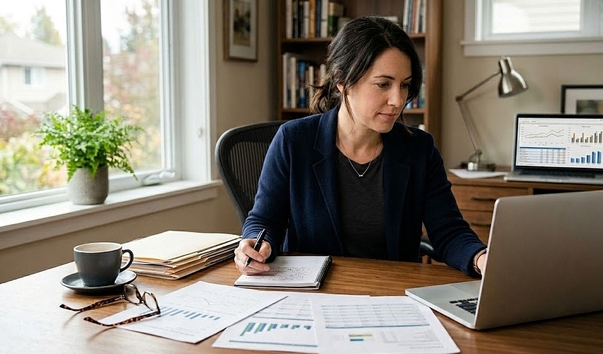 Small business owner sitting at a home office desk reviewing financial documents and a laptop screen showing financial data