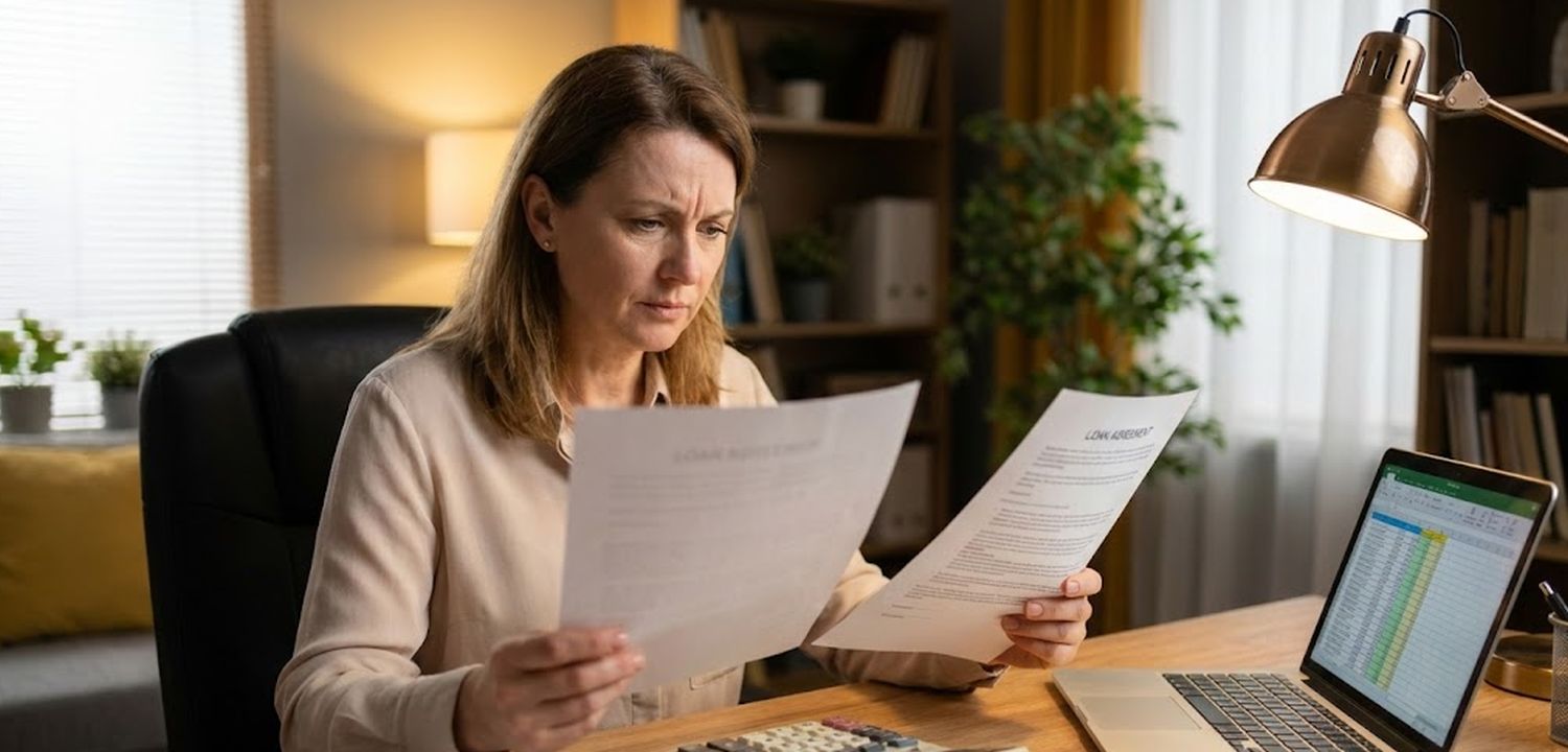 Business Loan Refinancing: When and How to Refinance Business owner comparing loan documents and refinancing options at a desk with calculator and laptop