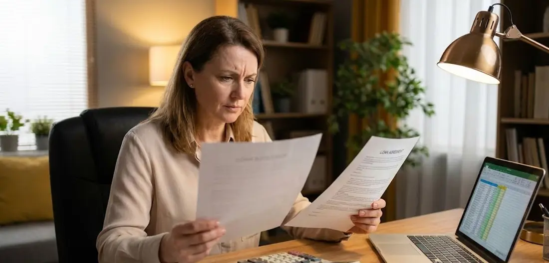 Business owner comparing loan documents and refinancing options at a desk with calculator and laptop