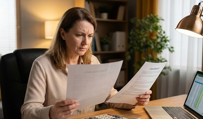 Business owner comparing loan documents and refinancing options at a desk with calculator and laptop