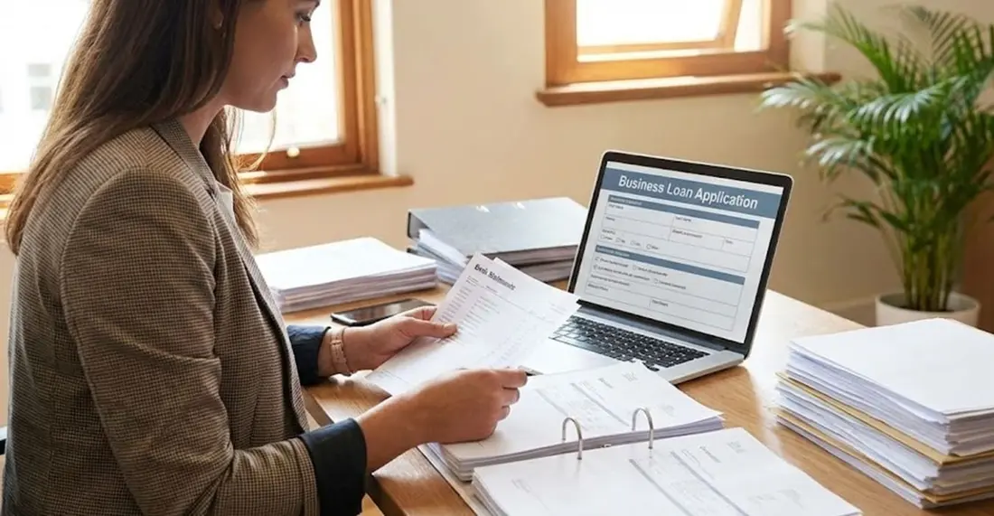 Business Loan Requirements: What You Need to Qualify Small business owner reviewing financial documents and loan application on laptop at office desk