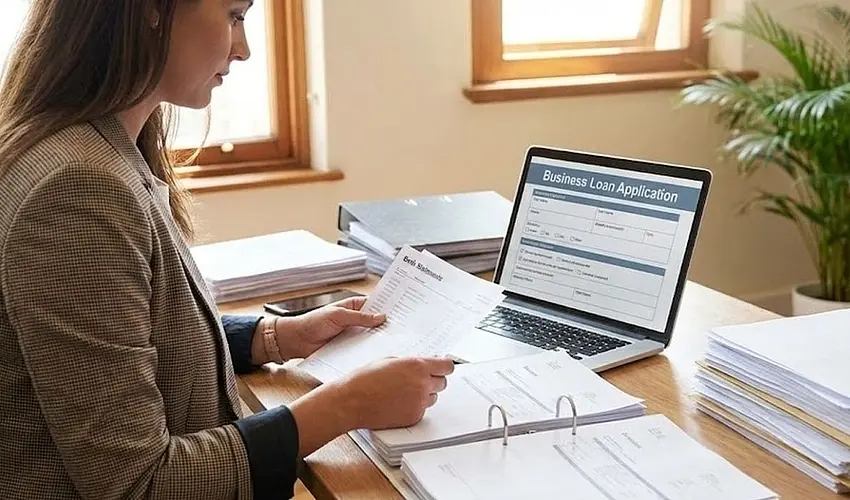 Small business owner reviewing financial documents and loan application on laptop at office desk