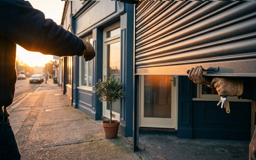 Business owner opening a storefront at sunrise, representing business loans for felons and second chances.