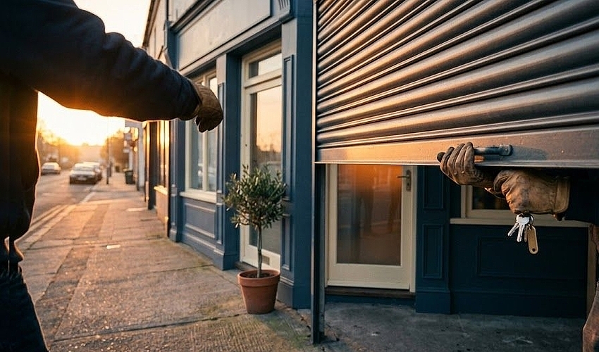 Business owner opening a storefront at sunrise, representing business loans for felons and second chances.