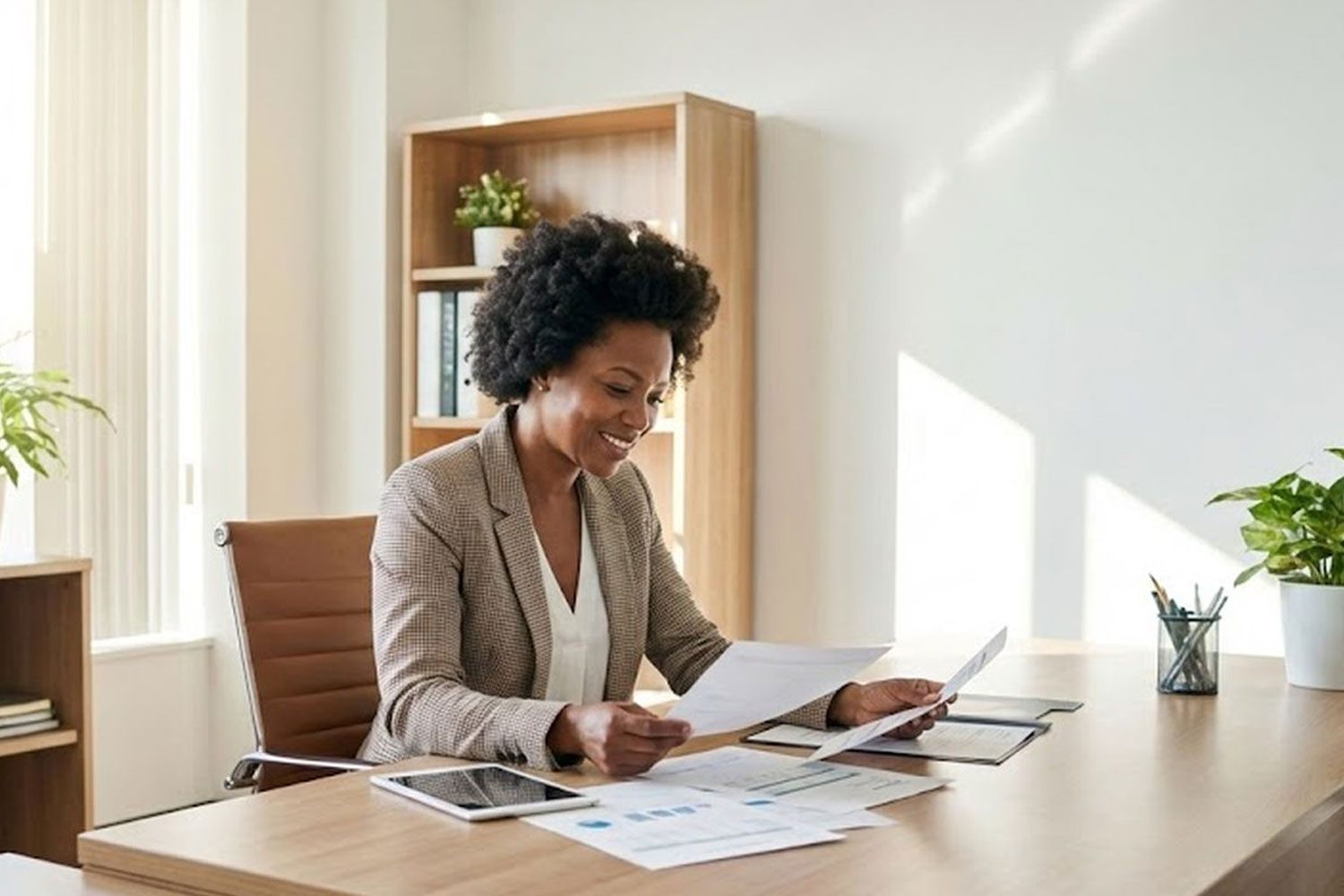 Woman entrepreneur reviewing business loan options at her desk.