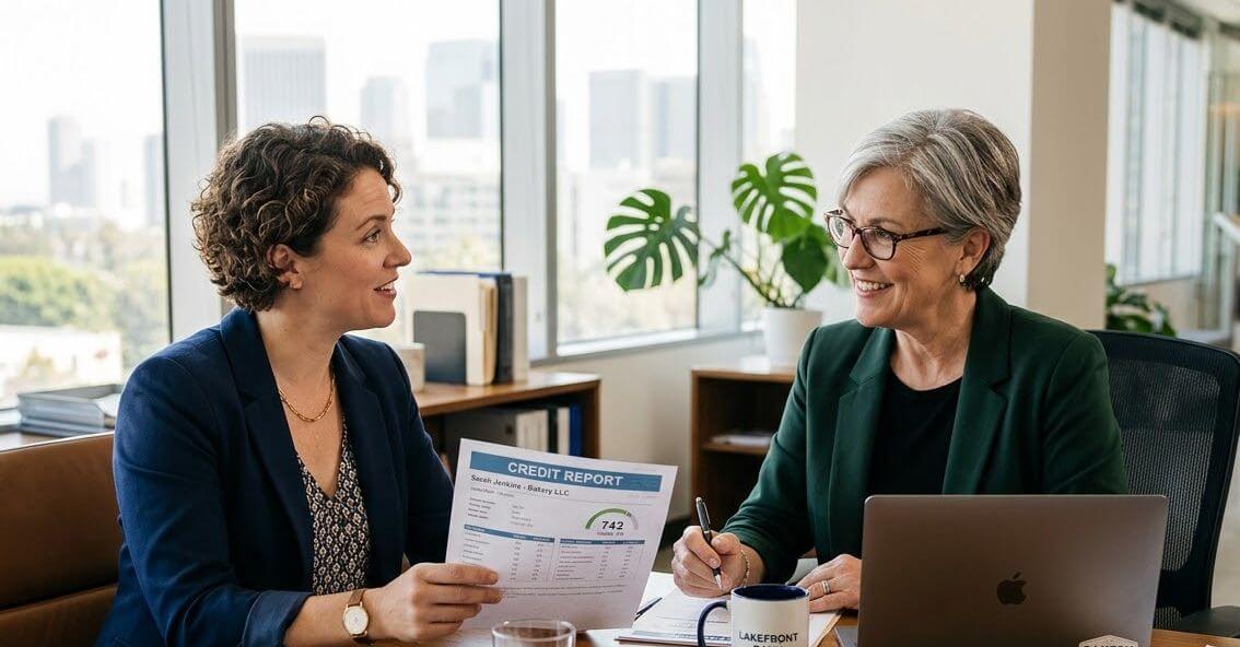 Small business owner comparing small business loan options on a laptop with notes nearby