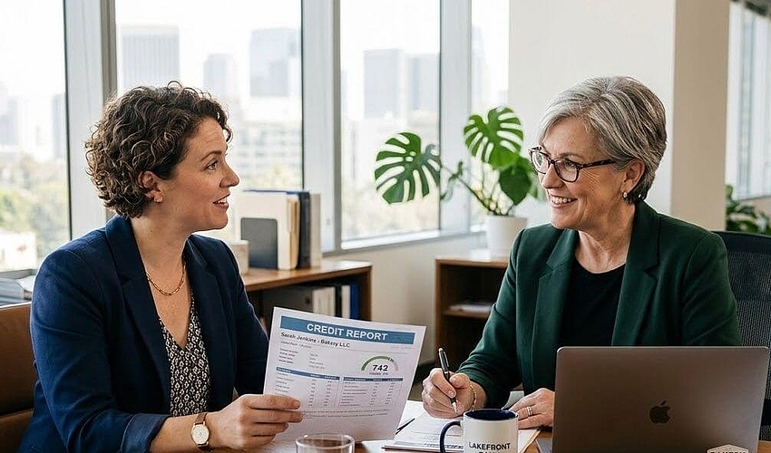 Small business owner comparing small business loan options on a laptop with notes nearby