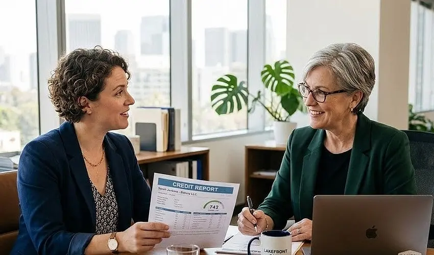 Small business owner comparing small business loan options on a laptop with notes nearby