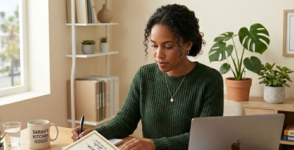 Small business owner reviewing LLC formation documents and EIN paperwork at a desk before applying for a business loan