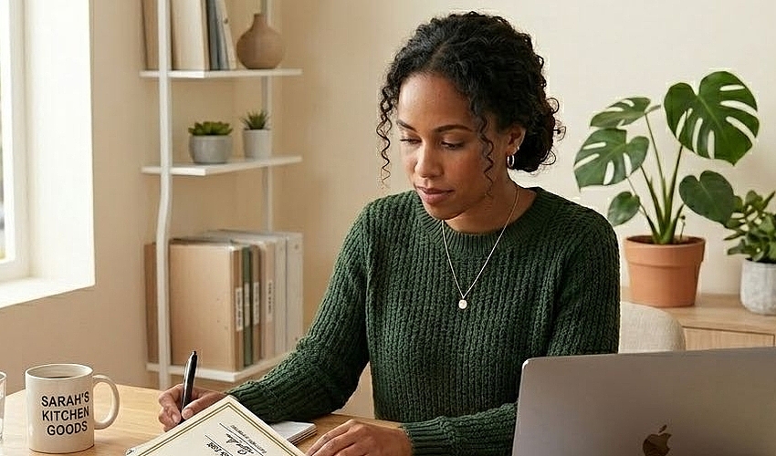 Small business owner reviewing LLC formation documents and EIN paperwork at a desk before applying for a business loan