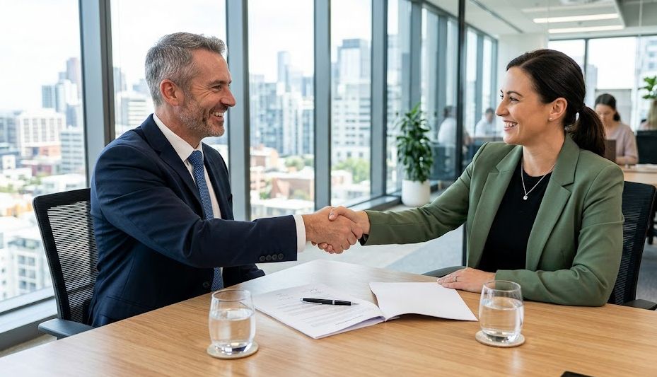 Two business partners shaking hands over a signed agreement on an office desk with legal documents and a pen visible