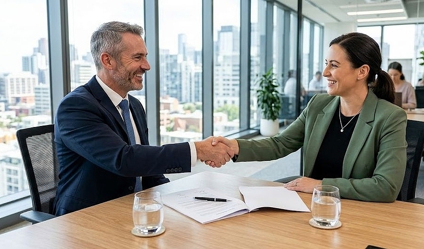 Two business partners shaking hands over a signed agreement on an office desk with legal documents and a pen visible