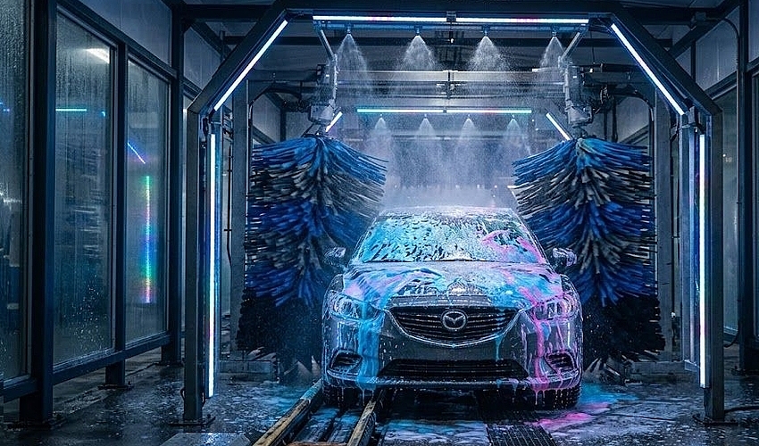 Express car wash tunnel with modern equipment purchased through car wash financing.