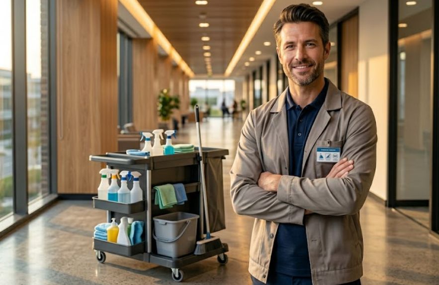 Cleaning business owner standing with commercial cleaning equipment in an office hallway