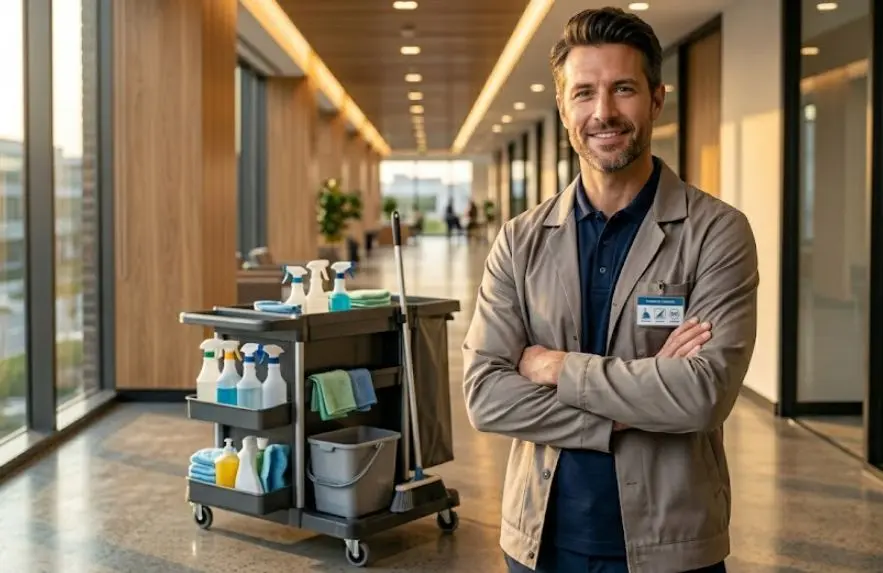 Cleaning business owner standing with commercial cleaning equipment in an office hallway