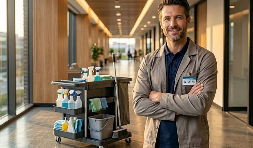 Cleaning business owner standing with commercial cleaning equipment in an office hallway