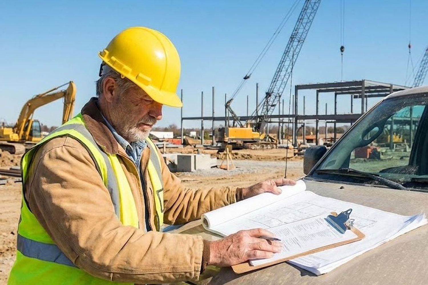 Construction contractor reviewing financing paperwork at job site.