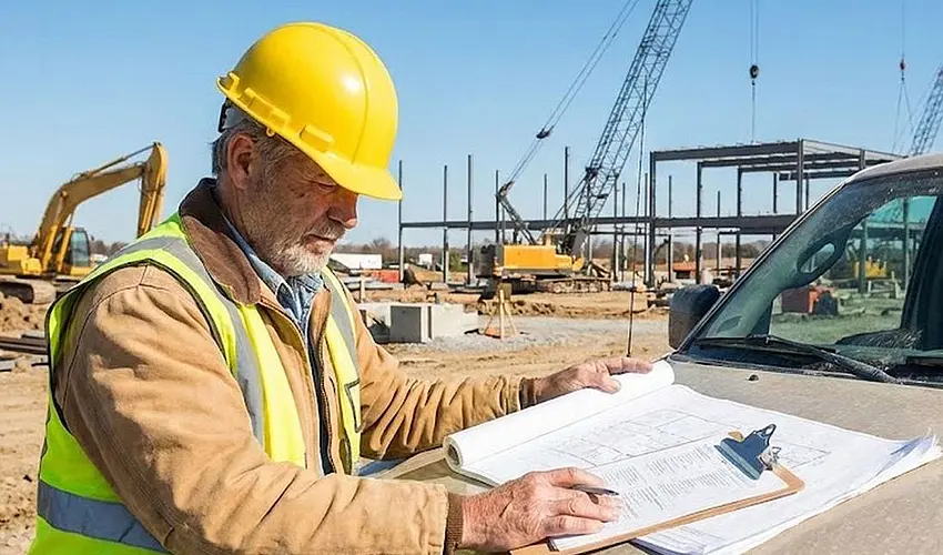 Construction contractor reviewing financing paperwork at job site.