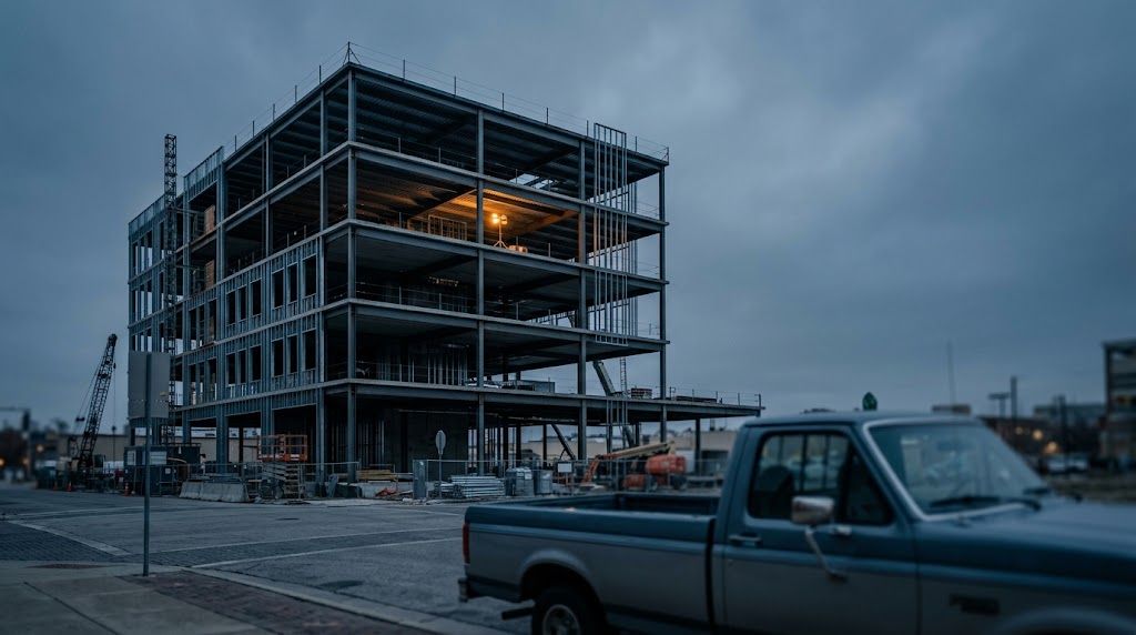 Invoice Factoring for Construction Companies A commercial building under construction illustrating how construction invoice factoring funds contractor receivables