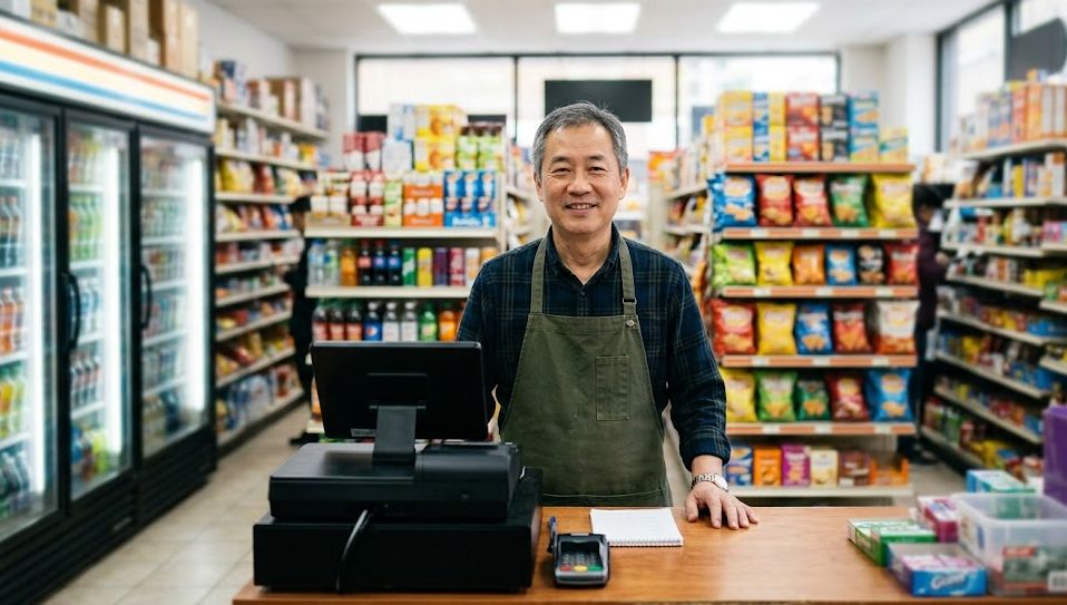 Convenience store owner behind the counter with stocked shelves, representing convenience store business loans