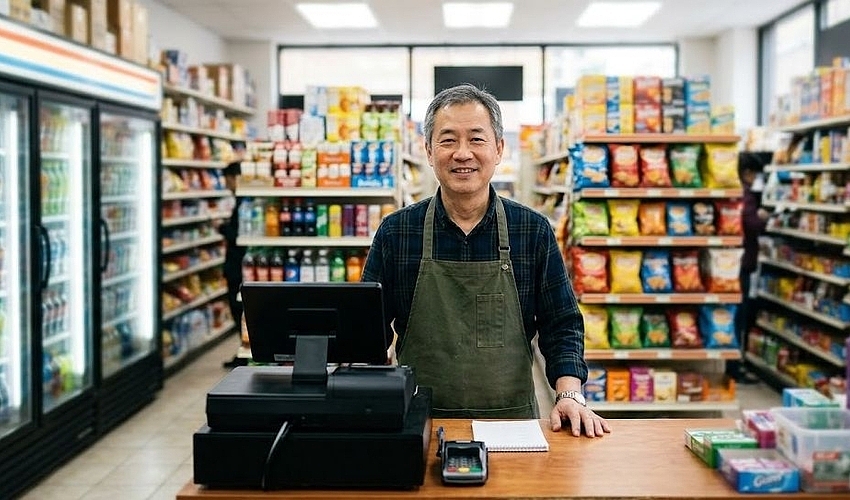 Convenience store owner behind the counter with stocked shelves, representing convenience store business loans