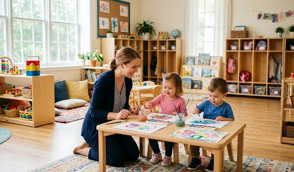 Daycare Business Loans: Funding Options for Childcare Centers Small business owner reviewing finances at a desk in a bright daycare facility with colorful classroom visible in the background