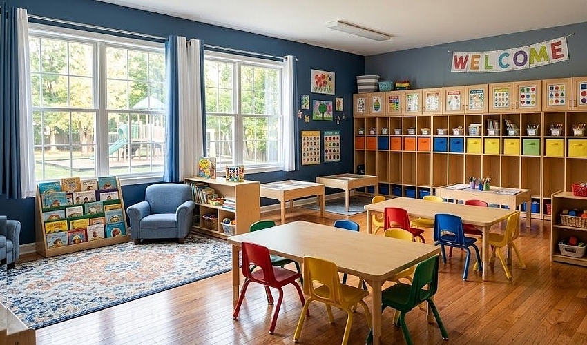 Bright childcare classroom prepared with daycare business loan funding.