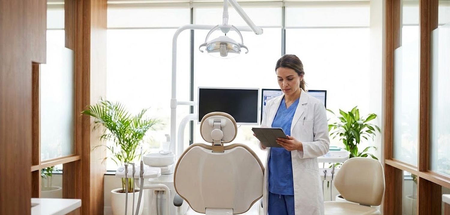 Dentist reviewing financial plans on a tablet in a modern dental office with equipment in the background