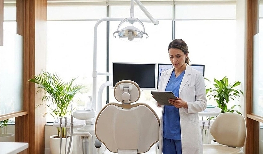 Dentist reviewing financial plans on a tablet in a modern dental office with equipment in the background