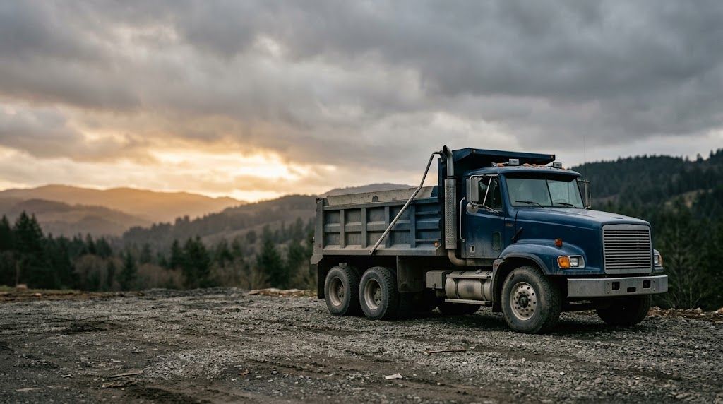 A tandem axle dump truck parked in a yard illustrating dump truck equipment financing options
