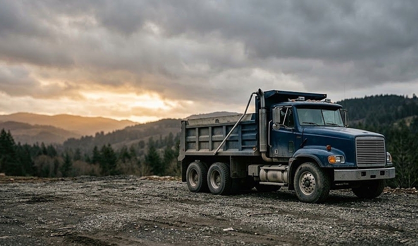A tandem axle dump truck parked in a yard illustrating dump truck equipment financing options