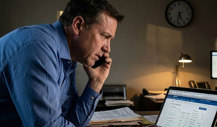 Business owner seeking emergency funding on laptop.